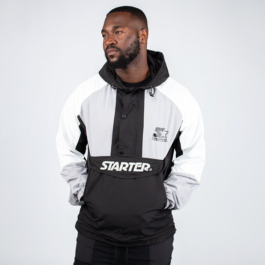 STARTER HOODED NYLON HALF-ZIP JACKET